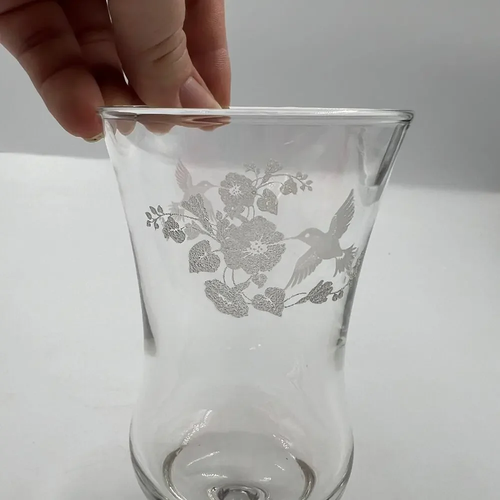 Vintage Homco Clear Glass Candelabra Cup Floral &‎ Hummingbird Etched Votive